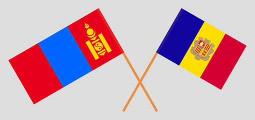 Crossed flags of Mongolia and Andorra. Official colors. Correct proportion