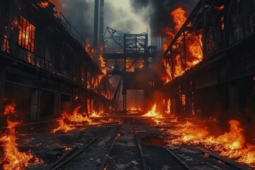hell like heat and flames at steel mill. - obrazy, fototapety, plakaty