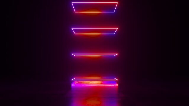 Rising Neon Column Loop. A glowing column of rising neon squares on a reflective black surface in seamless loop.