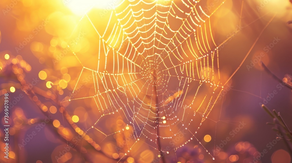 Wall mural a close up of a spider's web on a tree branch with the sun shining through the spider's web.