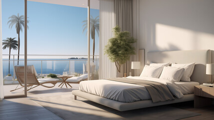 Modern hotel room suite with big bed, plants and big window with lots of light, sunshine and sea view on vacation