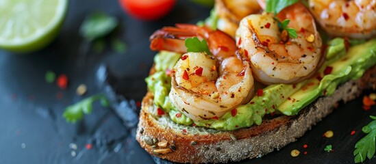 Fresh avocado toast with shrimp, a healthy and vitamin-filled breakfast. - obrazy, fototapety, plakaty