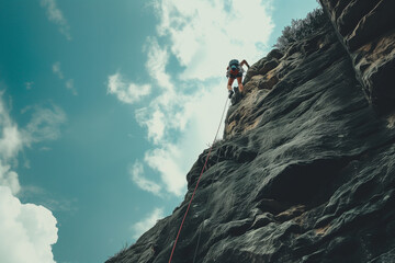 An adventurer scales a rugged cliff face above the vast ocean, a metaphor for challenge and perseverance against the backdrop of nature's grandeur