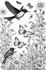 Hand drawn black and white blooming flowers, butterflies, birds on blank background. Monochrome floral composition in vintage style. Generative Ai
