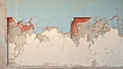 Detailed view of cracked and peeling pastel paint on wall
