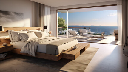 Modern hotel room suite with big bed, plants and big window with lots of light, sunshine and sea view on vacation