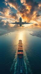 a large jetliner flying over the top of a large cargo ship in the middle of a large body of water. - obrazy, fototapety, plakaty