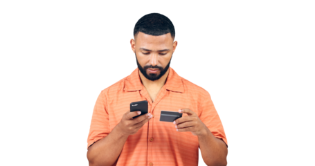 Man, phone and credit card for online shopping, payment or digital banking isolated on a transparent png background. Mobile, password or code for ecommerce app, sales or financial savings on internet