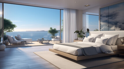 Modern hotel room suite with big bed, plants and big window with lots of light, sunshine and sea view on vacation
