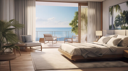 Modern hotel room suite with big bed, plants and big window with lots of light, sunshine and sea view on vacation