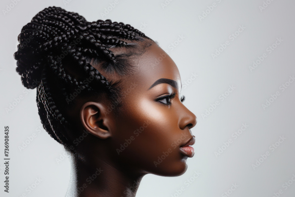 Wall mural profile portrait of woman with braided hairstyle against gray background. beauty and haircare.