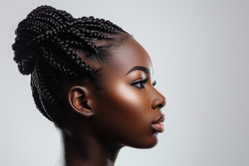 Profile portrait of woman with braided hairstyle against gray background. Beauty and haircare. - obrazy, fototapety, plakaty