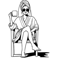 Woman Wrapped Towel on Head Drink Coffee. Salon.