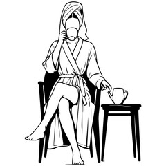 Woman Wrapped Towel on Head Drink Coffee. Salon.