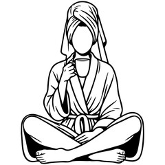 Woman Wrapped Towel on Head Drink Coffee. Salon.