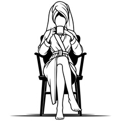 Woman Wrapped Towel on Head Drink Coffee. Salon.