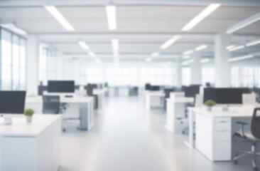 Naklejka na ściany i meble Blurred empty modern office. Defocused abstract light bokeh business eco open space interior background design. Corporate strategy, finance, operations, marketing. Tables with computers blur focus