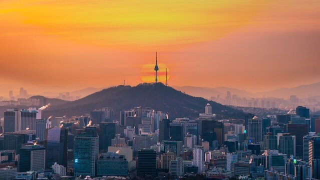Seoul City Sunrise Skyline Silhouette with Seoul tower.