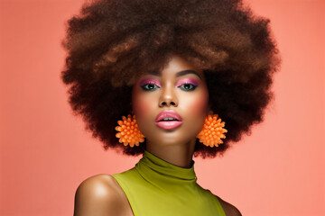a woman with a afro and a green dress with orange earrings on her head and a pink background with a pink backdrop, generative ai