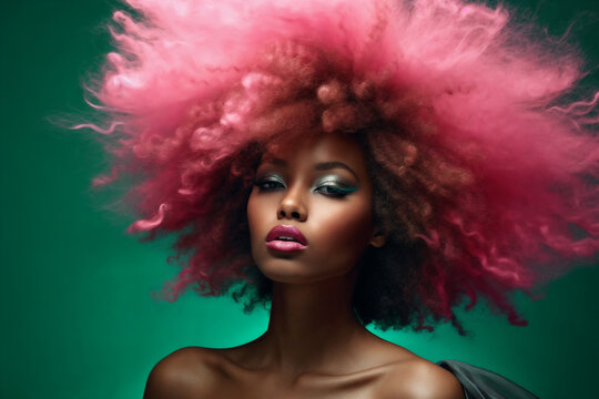 A Woman With Pink Hair And Green Eyeshadow With A Pink Afro Hairstyle And A Green Background, Generative Ai