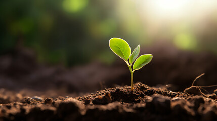 Young plant growing in fresh ground. New start. - obrazy, fototapety, plakaty