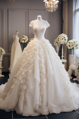 Fototapeta na wymiar Wedding dress on a maniken in a bridal salon
