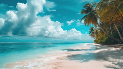 a painting of a tropical beach with palm trees on the shore and the ocean on a sunny day with clouds in the sky.