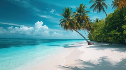 a tropical beach with a palm tree in the foreground and the ocean in the background with clouds in the sky.