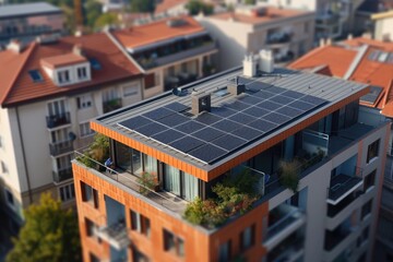 Modern eco friendly passive house with solar panels on rooftop. Home solar panel. Solar panels on roof of modern apartment building in city