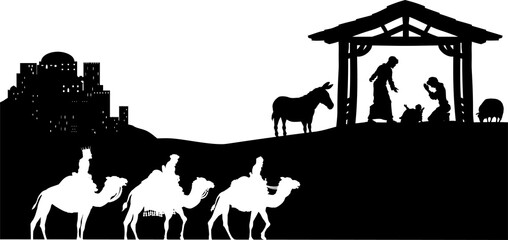 Fototapeta na wymiar Christmas Nativity Scene Bethlehem Manger Wise Men