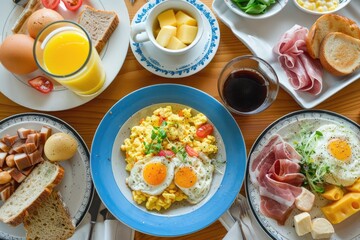 Fototapeta na wymiar Breakfast served with coffee, orange juice, scrambled eggs, cereals, ham and cheese.