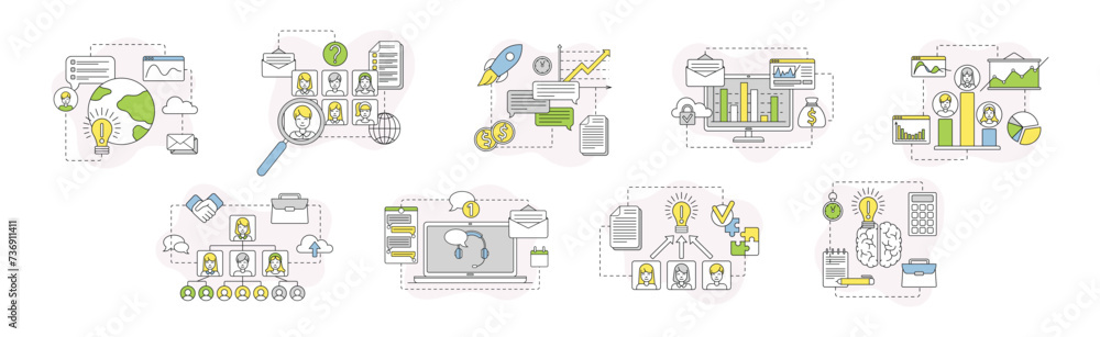 Poster business process and startup project linear vector set