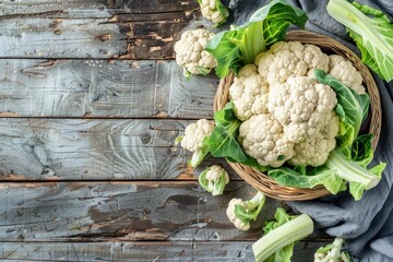 Fresh raw cauliflower on wooden table, top view. Space for text.