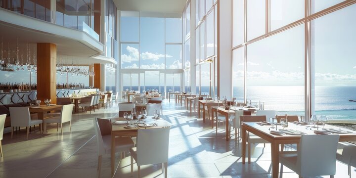 Panoramic hotel restaurant overlooking the ocean or cityscape.