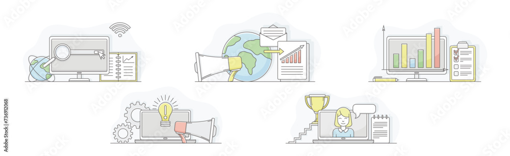 Poster business process and startup project linear vector set