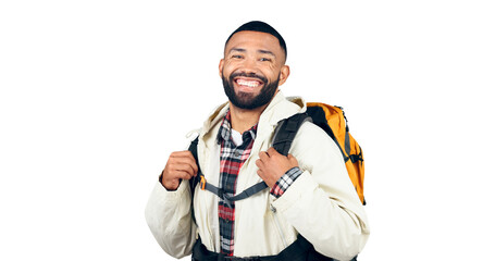 Happy man, portrait and backpack of hiker ready for adventure, travel or journey on a transparent PNG background. Isolated male person, tourist or traveler with smile and bag for outdoor trekking - obrazy, fototapety, plakaty
