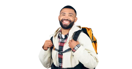 Deurstickers Happy man, portrait and backpack of hiker ready for adventure, travel or journey on a transparent PNG background. Isolated male person, tourist or traveler with smile and bag for outdoor trekking © Shrikant/peopleimages.com