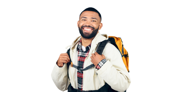 Happy man, portrait and backpack of hiker ready for adventure, travel or journey on a transparent PNG background. Isolated male person, tourist or traveler with smile and bag for outdoor trekking