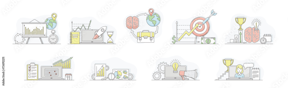 Poster business process and startup project linear vector set