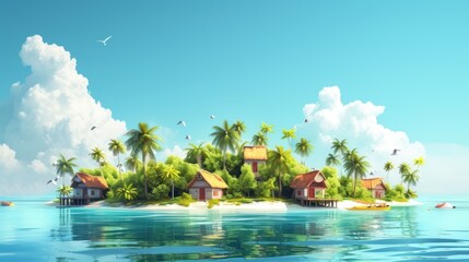 an island in the middle of a body of water with a house on it and palm trees in the background.
