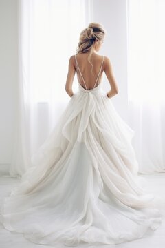 Bride in wedding dress standing with her back