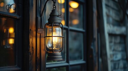 a light hanging from the side of a building next to a window with a reflection of another building in the window.