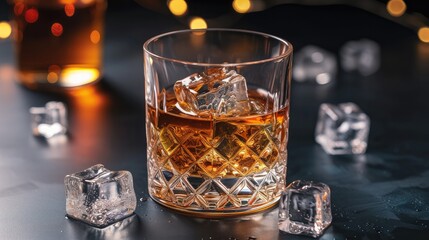 a glass of whiskey soda with ice cubes on a table in a dimly lit room created with Generative AI technology