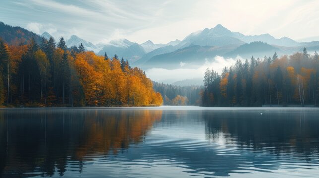 a body of water surrounded by trees with a mountain range in the background and a foggy sky in the foreground.