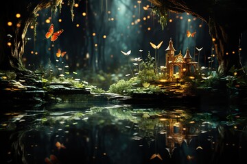 stylist and royal Leaves of trees in a magical fantasy forest, space for text, photographic