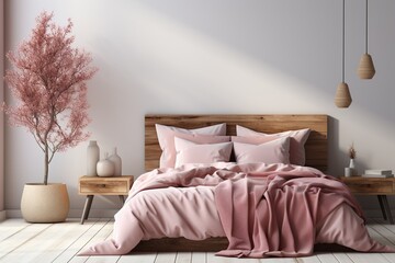 stylist and royal Light, cute and cozy home bedroom interior with unmade bed, pink plaid and cushions on empty white wall background