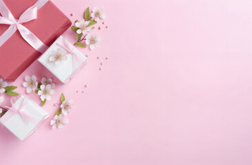 a pink background with presents and flowers on it, with a pink ribbon and bow on top of the boxes, generative ai