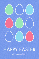 Happy Easter. Greeting card with colourful eggs. Modern minimalist style background. Vector illustration