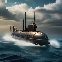 Steampunk submarine, Submersible vessel navigating the depths of the ocean with steam-powered engines5 - obrazy, fototapety, plakaty