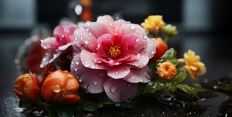 Beautiful pink roses with water drops on the surface of the water, Beautiful flowers with water drops on dark background, close up view